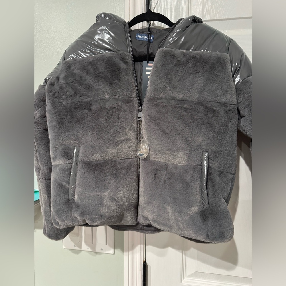 Stylish Gray Kids Puffer Jacket with metallic accents one 10, one 14